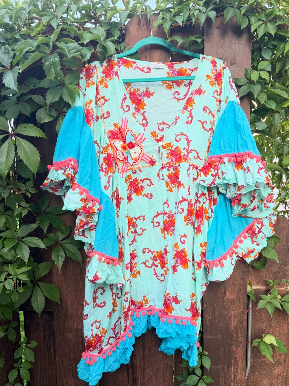 Mint & Turquoise Floral Ruffle Tassel Kimono